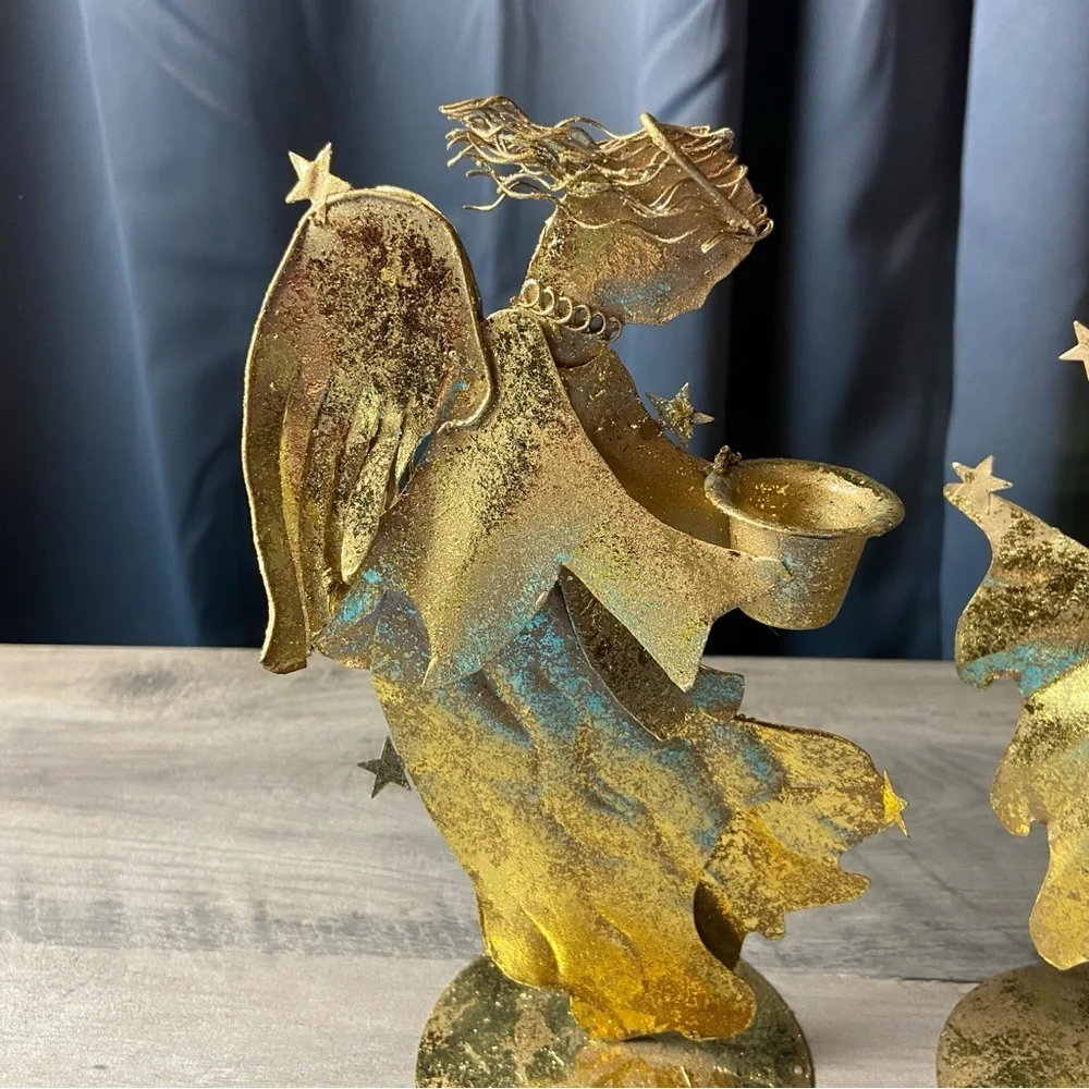 Pair of Vintage‎ Gold Metal Angel Figurines Candle Holders